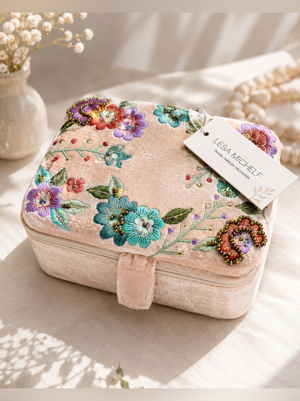 Lesa Michele Velour Embroidered Jewelry Travel Organizer Floral Beaded Pink Case